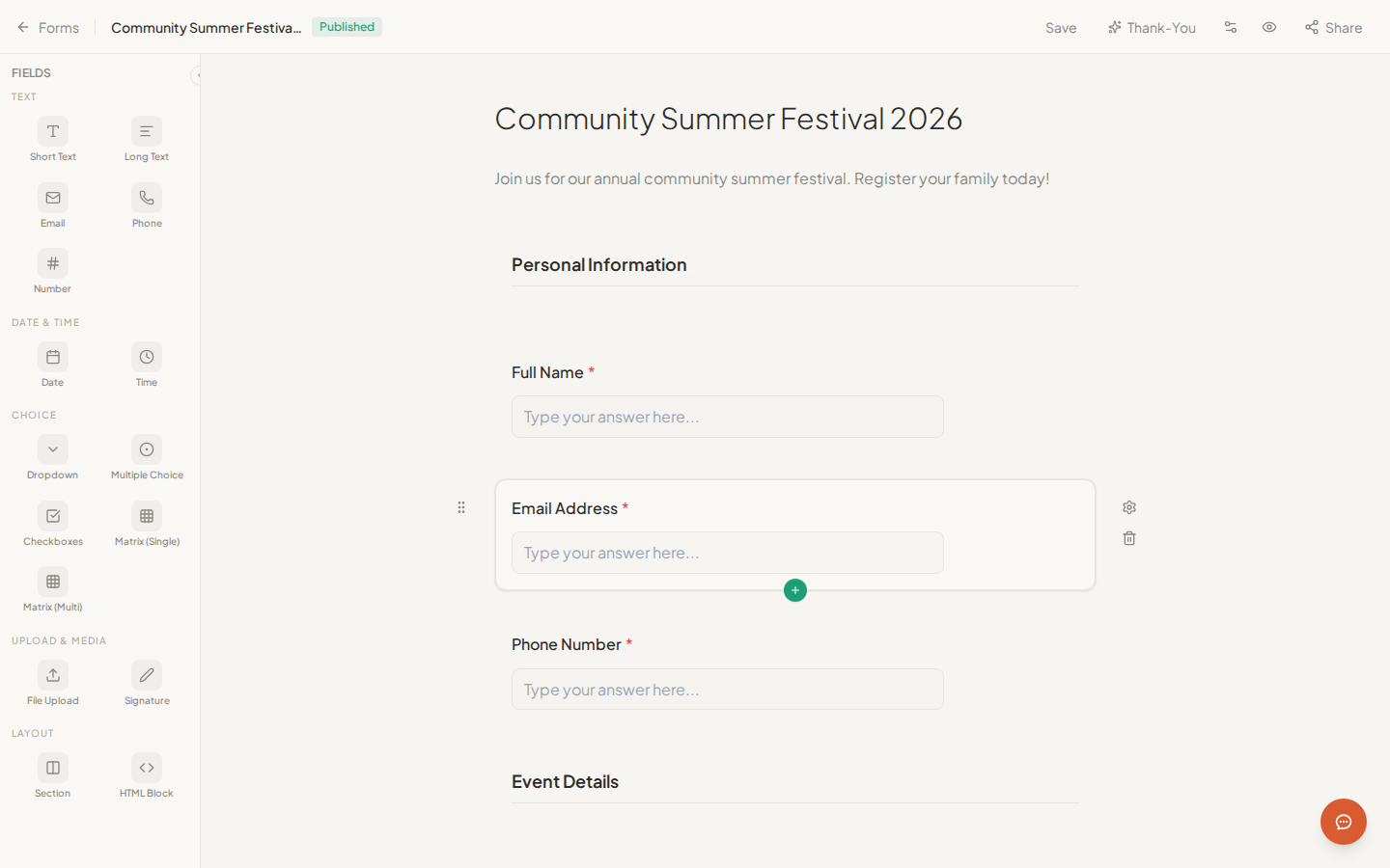 formwhale form builder with field palette sidebar, Event Registration form canvas with name, email, date, and section fields