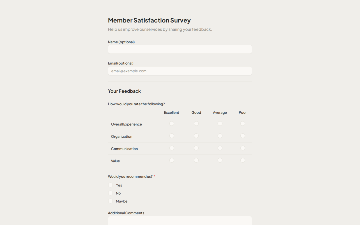 A clean public form — Member Satisfaction Survey — with rating matrix, text fields, and a clean minimal layout