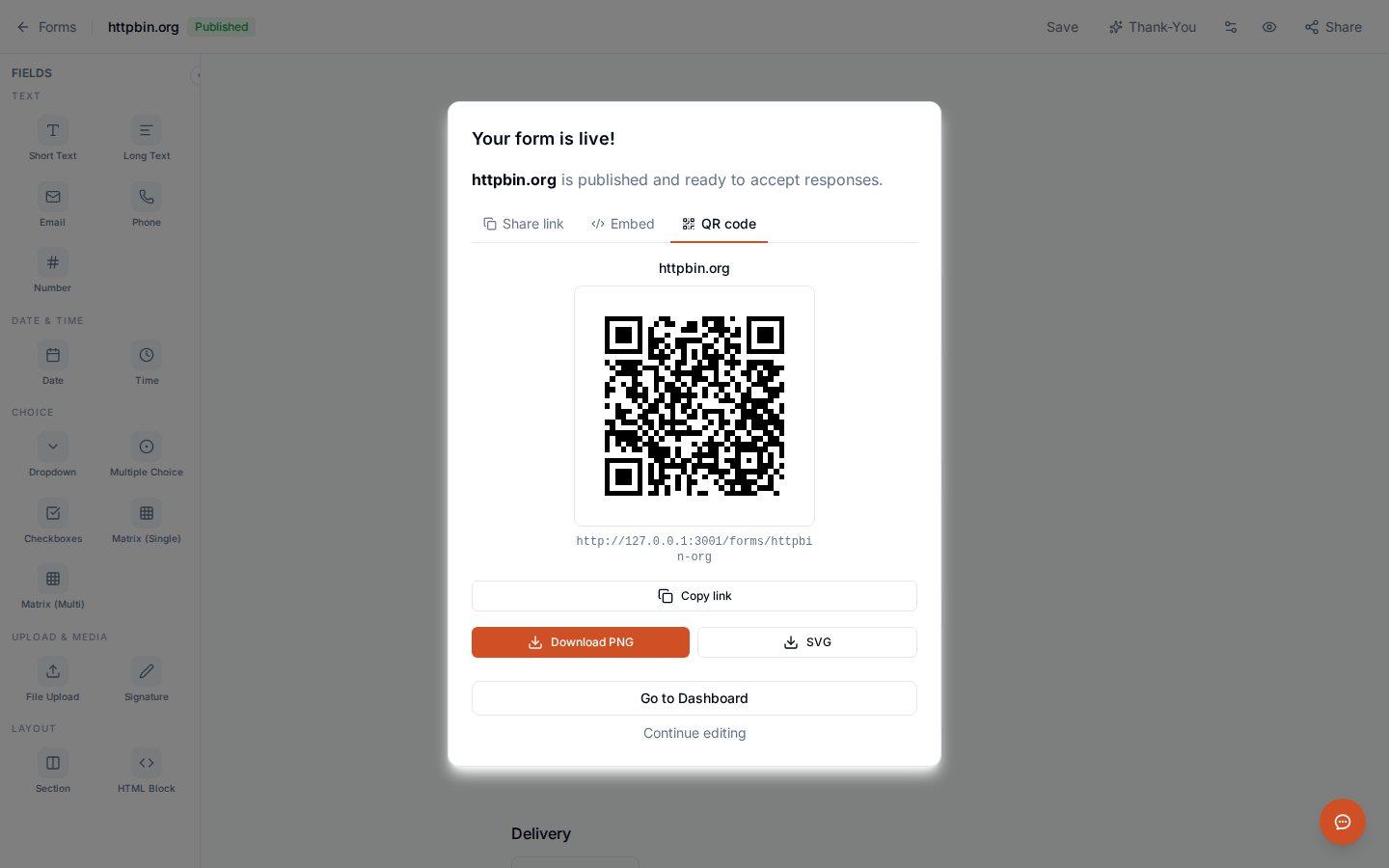 QR code share panel in formwhale