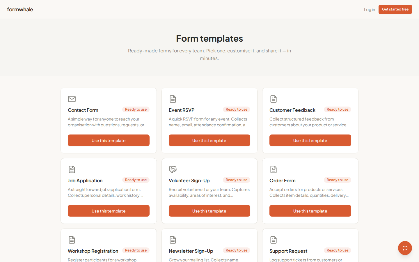 Template gallery showing ready-made form templates including Event Registration, Contact Form, Feedback Survey, and more